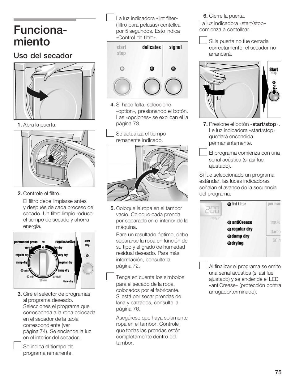 Funcionać miento, Uso del secador | Bosch WTXD5500UC User Manual | Page 76 / 83