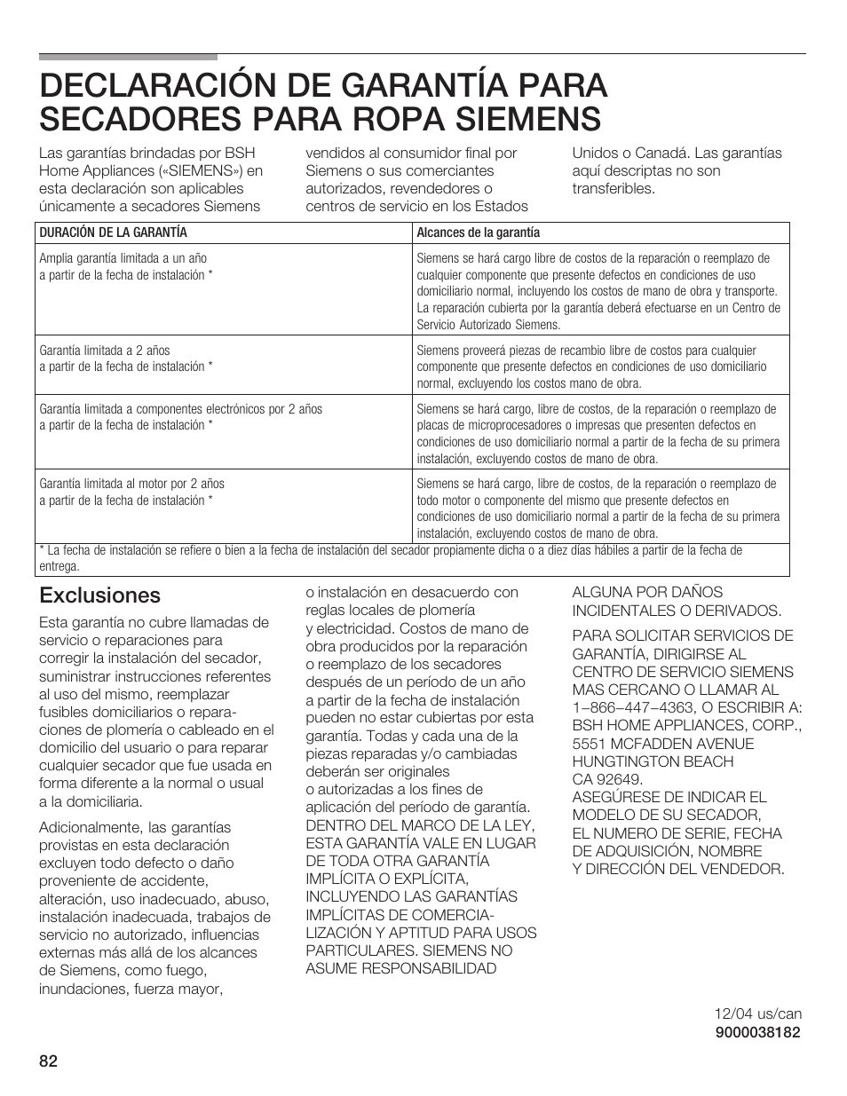 Exclusiones | Bosch WTXD5500UC User Manual | Page 83 / 83