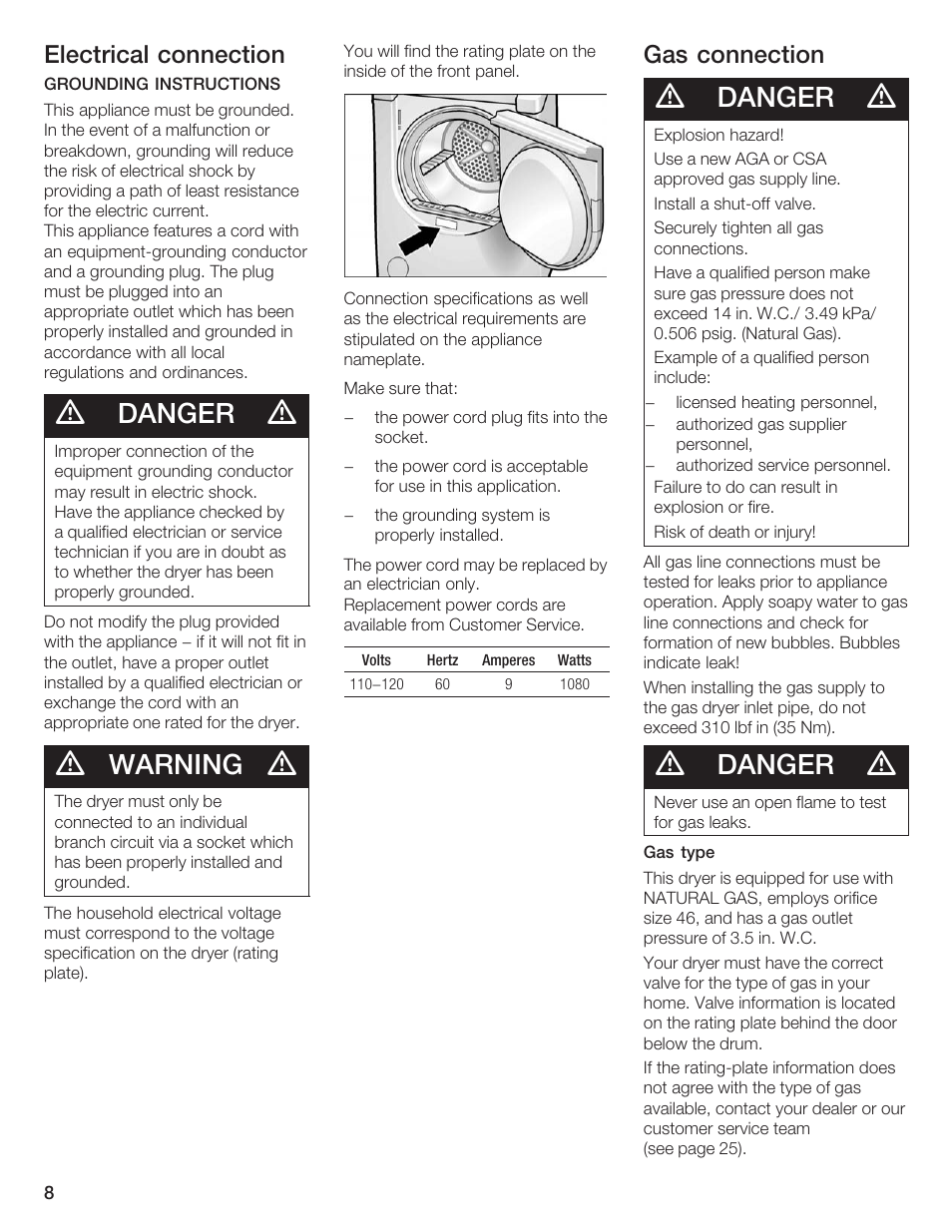 Danger, Warning, Electrical connection | Gas connection | Bosch WTXD5500UC User Manual | Page 9 / 83