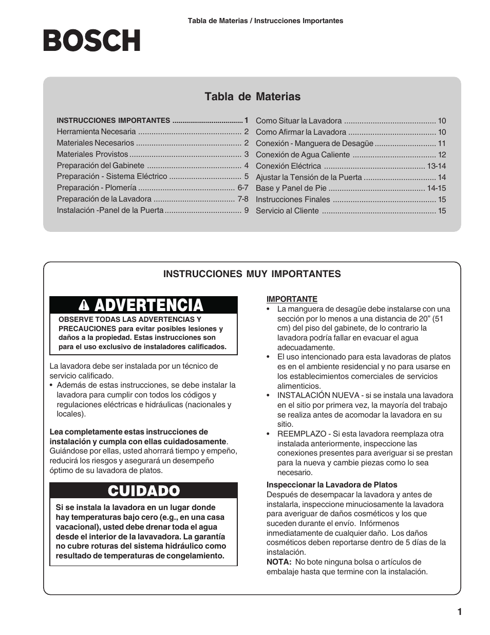 Advertencia, Tabla de materias | Bosch BOSCH diswacher User Manual | Page 35 / 52