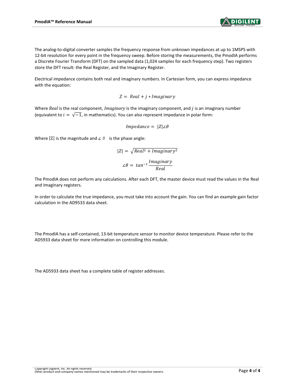 4 impedance calculations, 5 temperature readings, 6 register addresses | Digilent 410-246 User Manual | Page 4 / 4