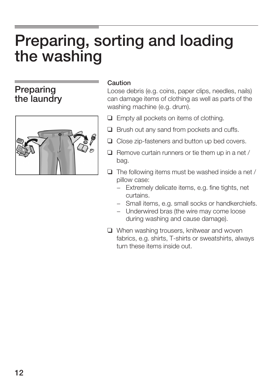 Preparing, sorting and loading the washing, Preparing the laundry | Bosch WFR 3230 User Manual | Page 12 / 76