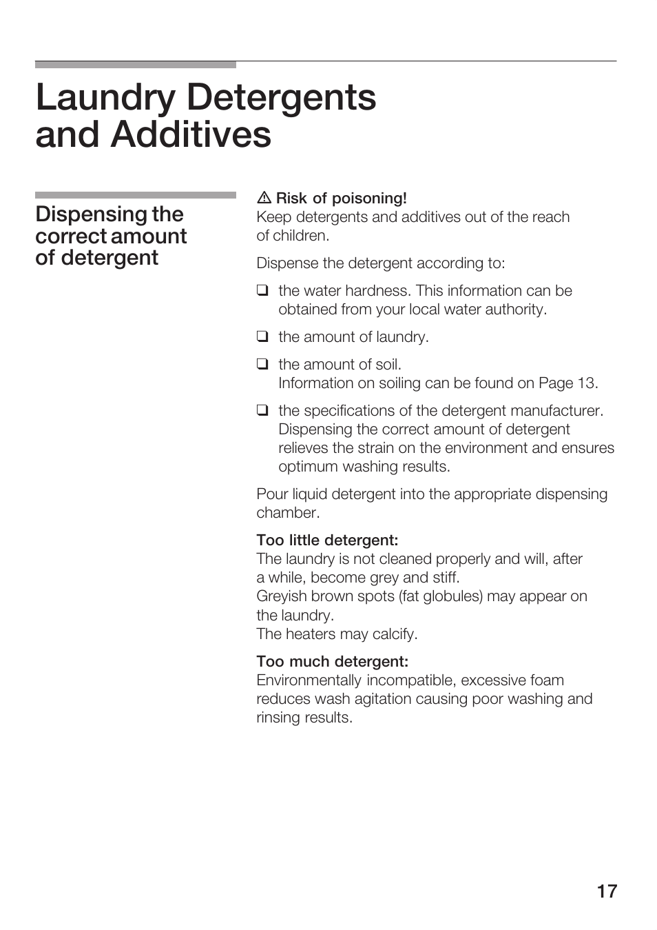 Laundry detergents and additives, Dispensing the correct amount of detergent | Bosch WFR 3230 User Manual | Page 17 / 76