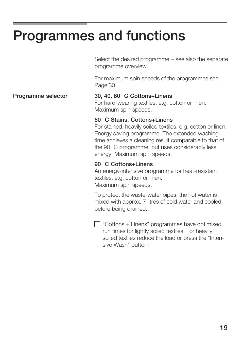 Programmes and functions | Bosch WFR 3230 User Manual | Page 19 / 76