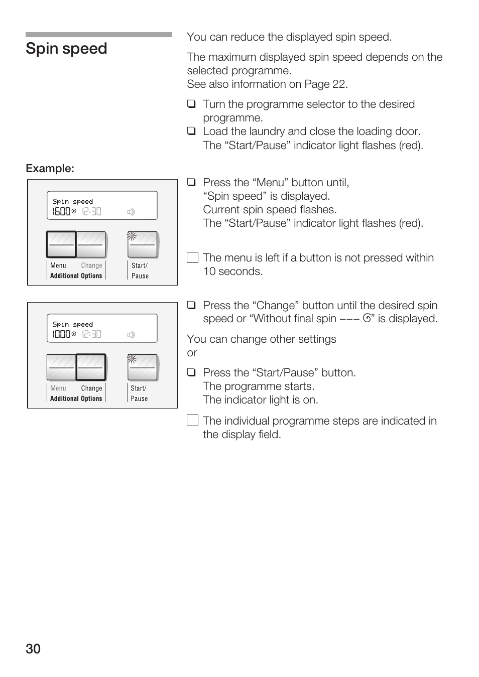 Spin speed | Bosch WFR 3230 User Manual | Page 30 / 76