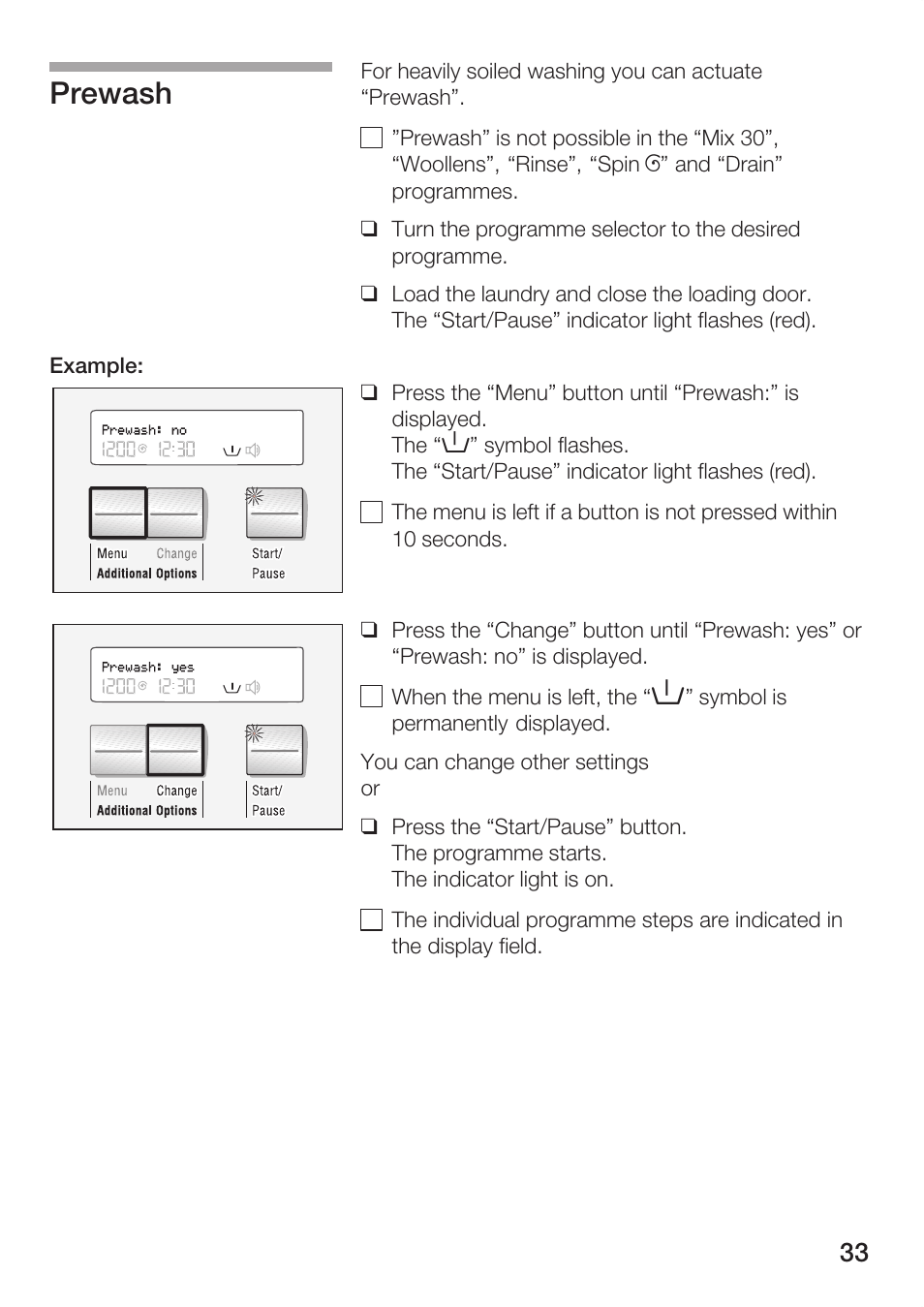 Prewash | Bosch WFR 3230 User Manual | Page 33 / 76