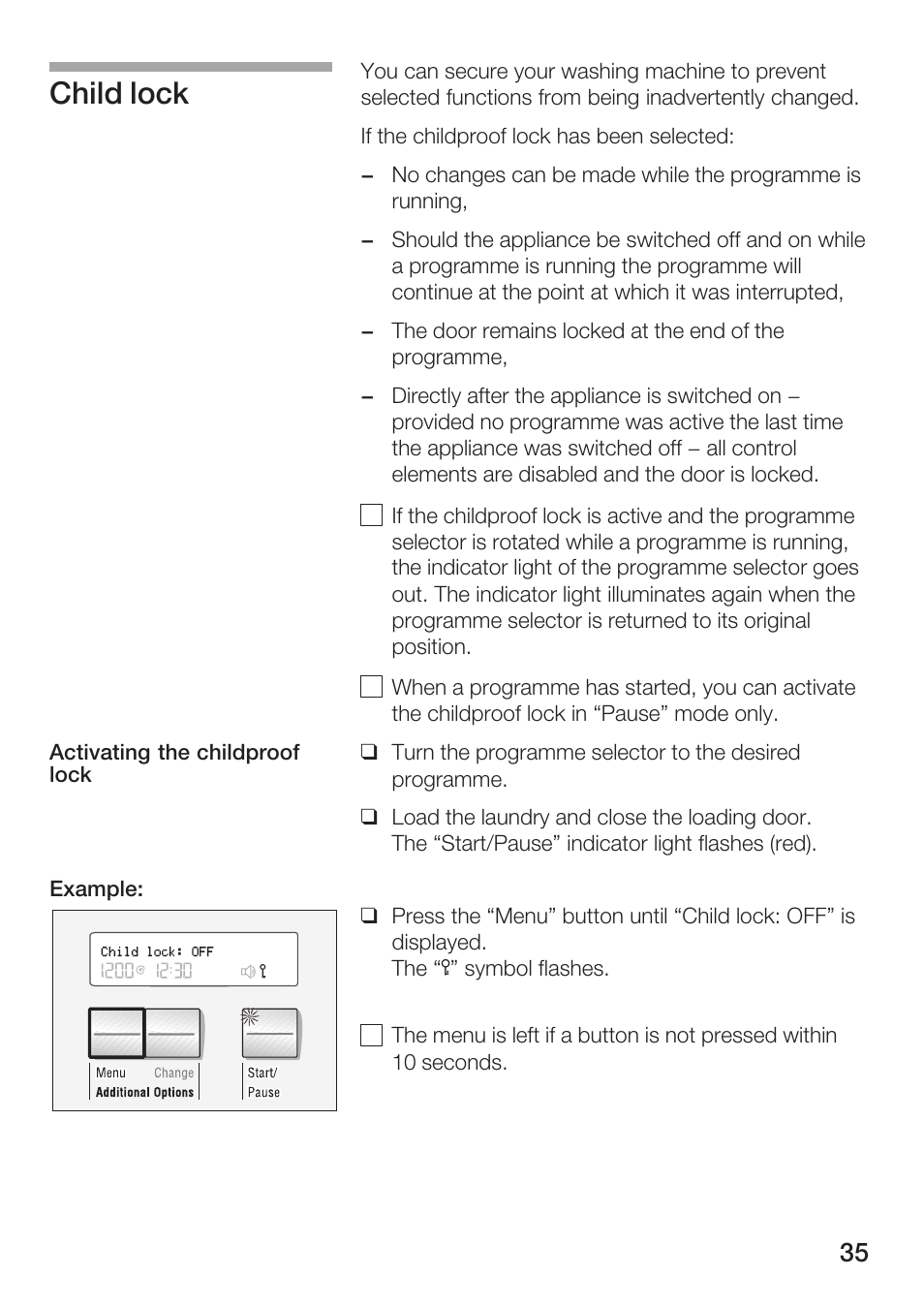 Child lock | Bosch WFR 3230 User Manual | Page 35 / 76