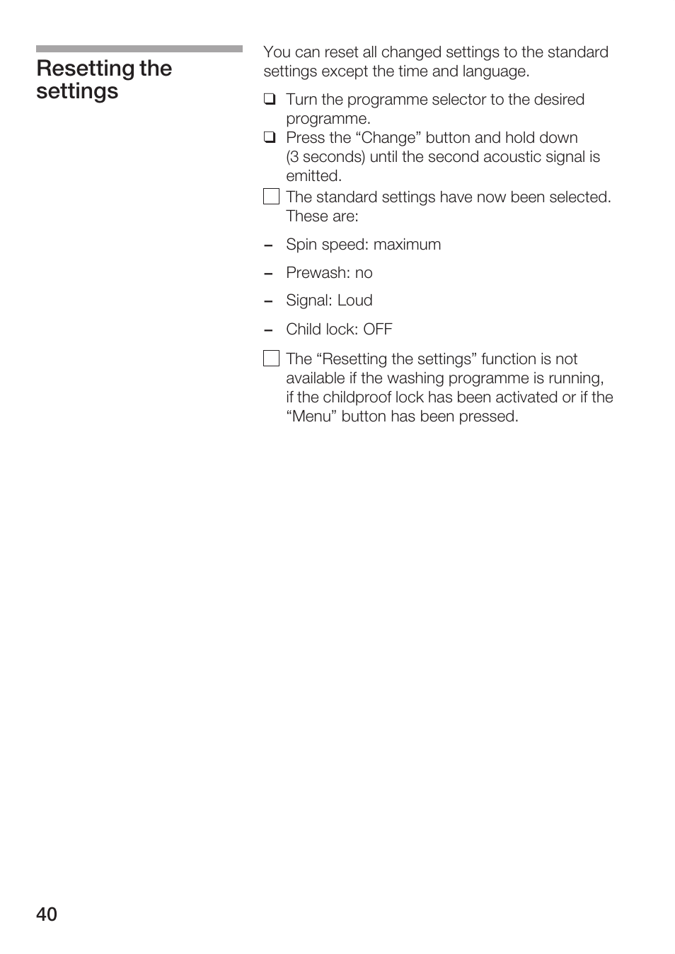 Resetting the settings | Bosch WFR 3230 User Manual | Page 40 / 76