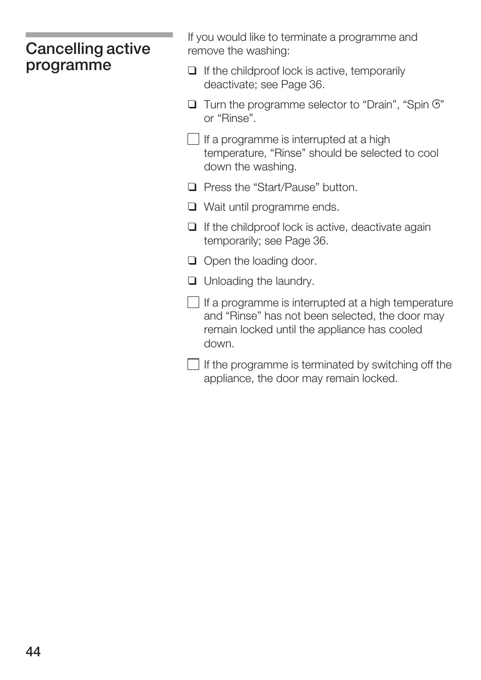 Cancelling active programme | Bosch WFR 3230 User Manual | Page 44 / 76