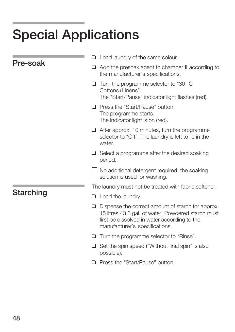 Special applications, Prećsoak starching | Bosch WFR 3230 User Manual | Page 48 / 76