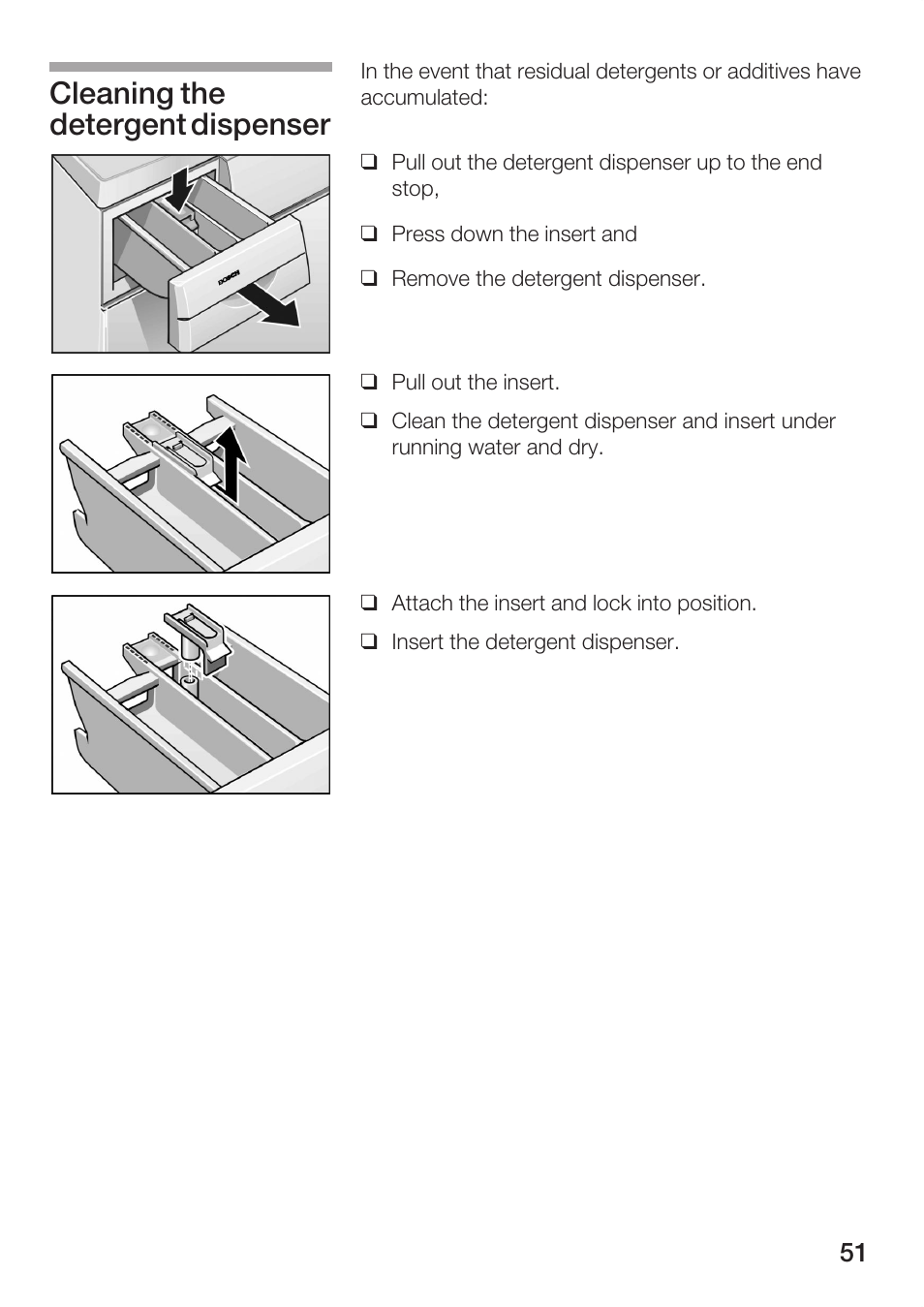 Cleaning the detergent dispenser | Bosch WFR 3230 User Manual | Page 51 / 76