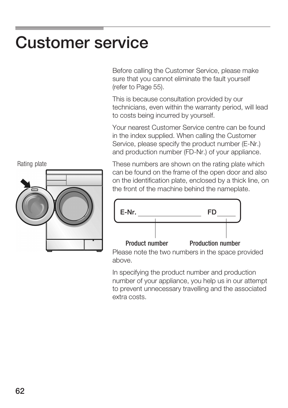 Customer service | Bosch WFR 3230 User Manual | Page 62 / 76