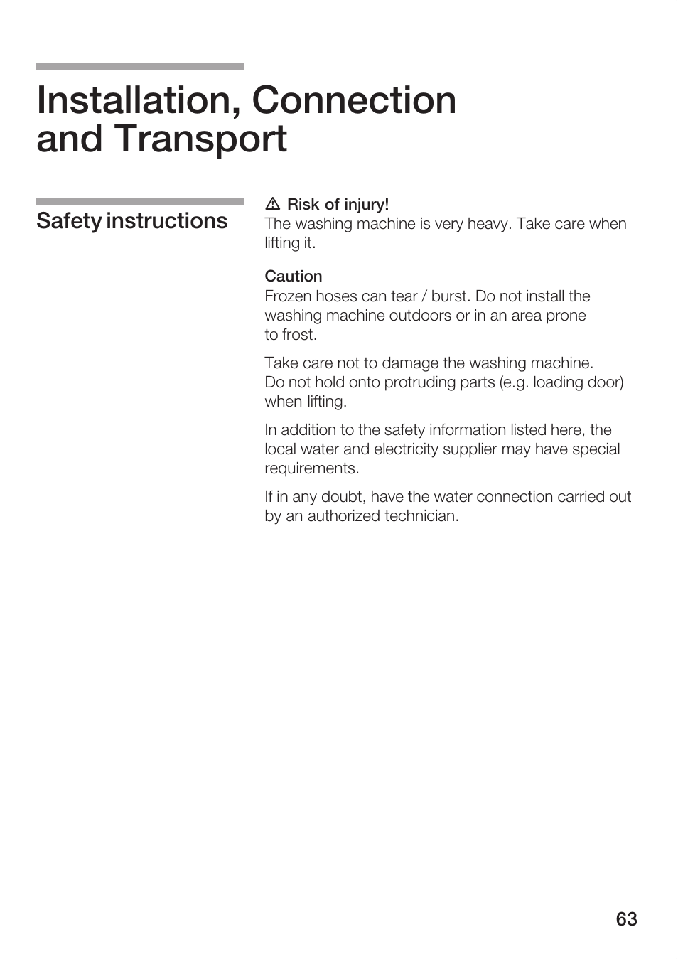 Installation, connection and transport, Safety instructions | Bosch WFR 3230 User Manual | Page 63 / 76