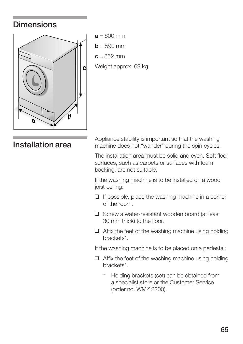 Dimensions installation area | Bosch WFR 3230 User Manual | Page 65 / 76