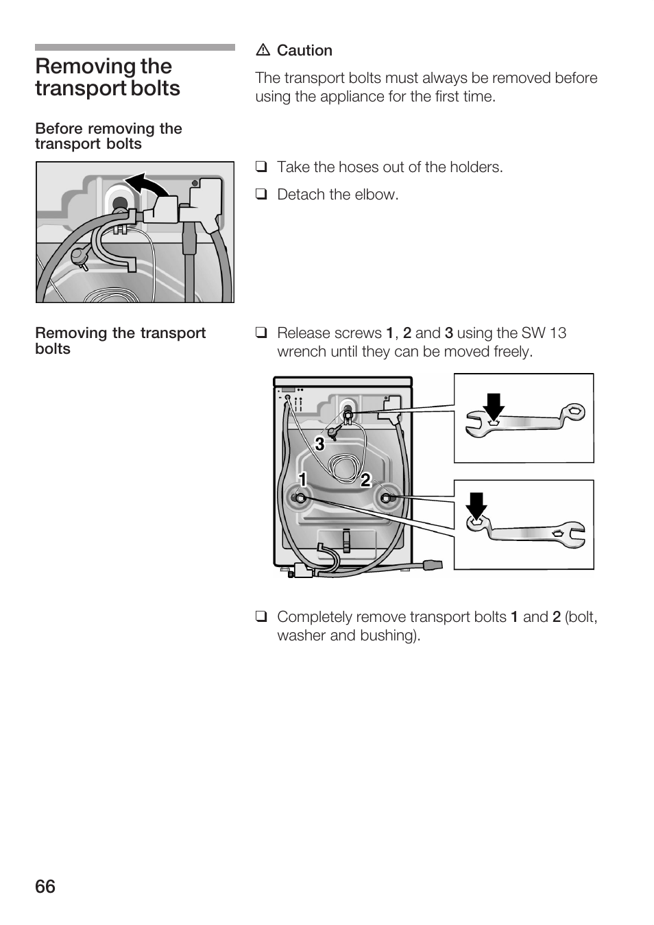 Removing the transport bolts | Bosch WFR 3230 User Manual | Page 66 / 76