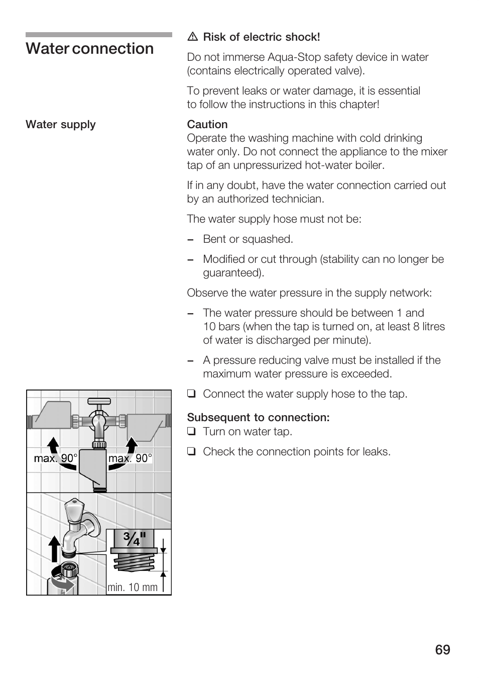 Water connection | Bosch WFR 3230 User Manual | Page 69 / 76