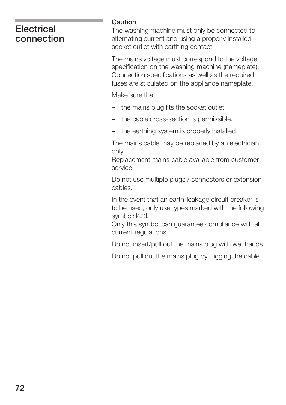 Electrical connection | Bosch WFR 3230 User Manual | Page 72 / 76