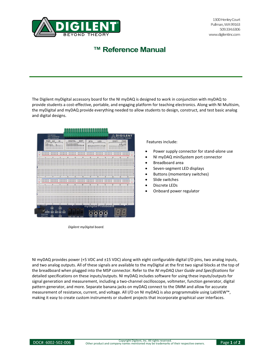 Digilent 6002-410-006 User Manual | 2 pages