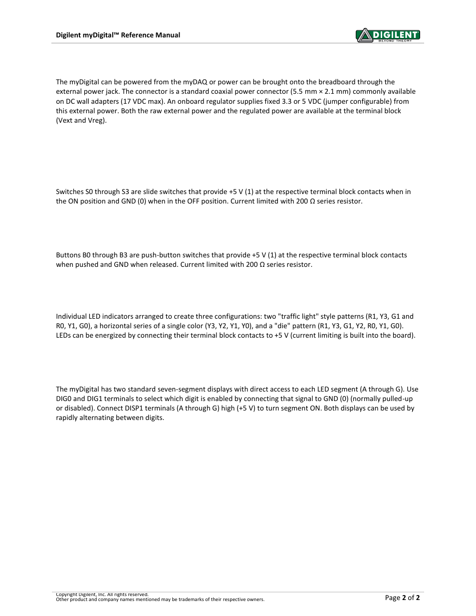 2power supply, 3switches and displays, 1 switches | 2 buttons, 3 discrete leds, 4 seven-segment displays | Digilent 6002-410-006 User Manual | Page 2 / 2