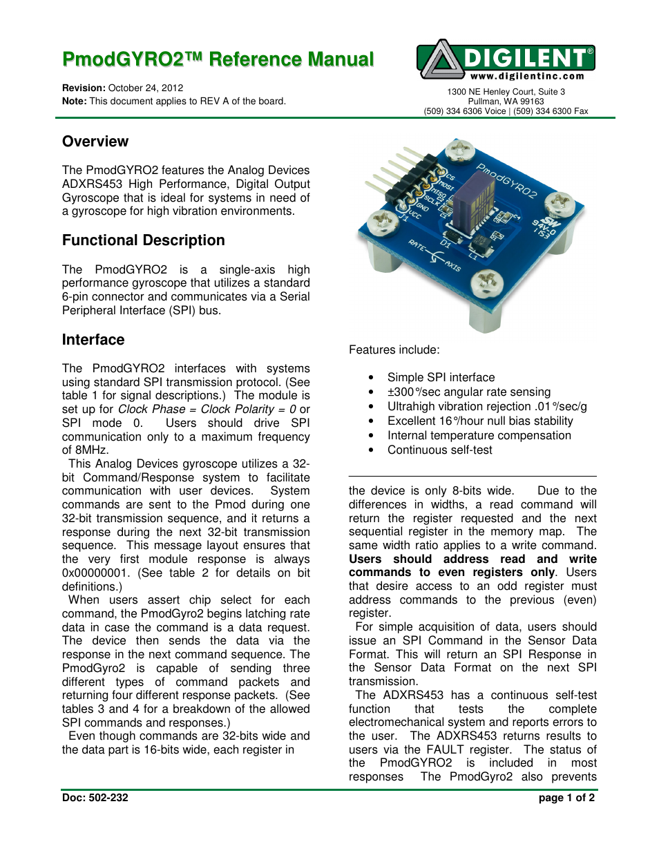 Digilent PmodGYRO2 User Manual | 2 pages