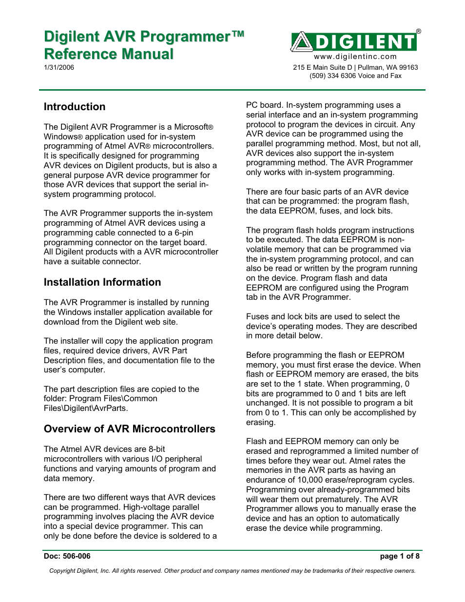 Digilent AVR Programmer User Manual | 8 pages