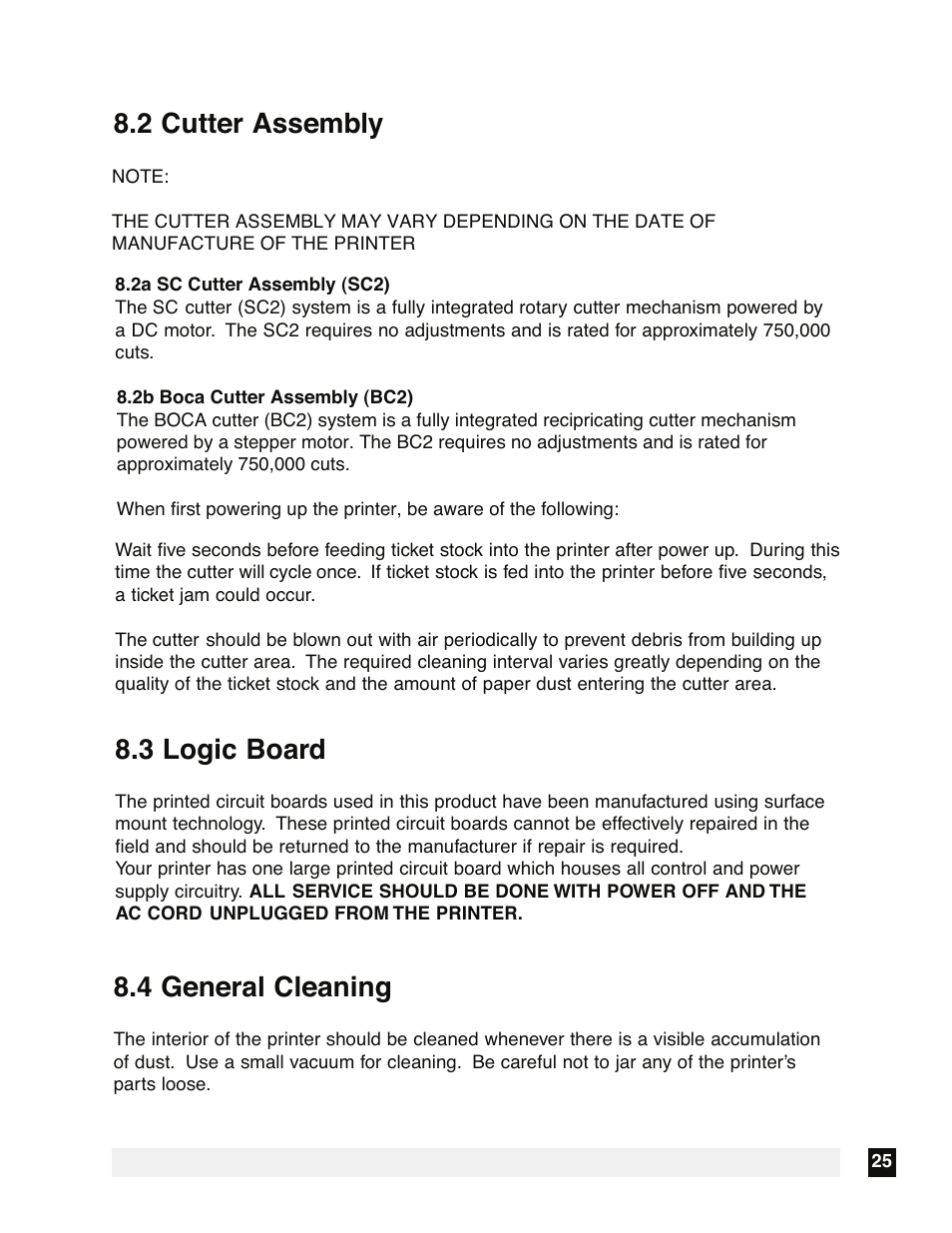 2 cutter assembly 8.4 general cleaning, 3 logic board | Boca Research FSP 44 User Manual | Page 29 / 32