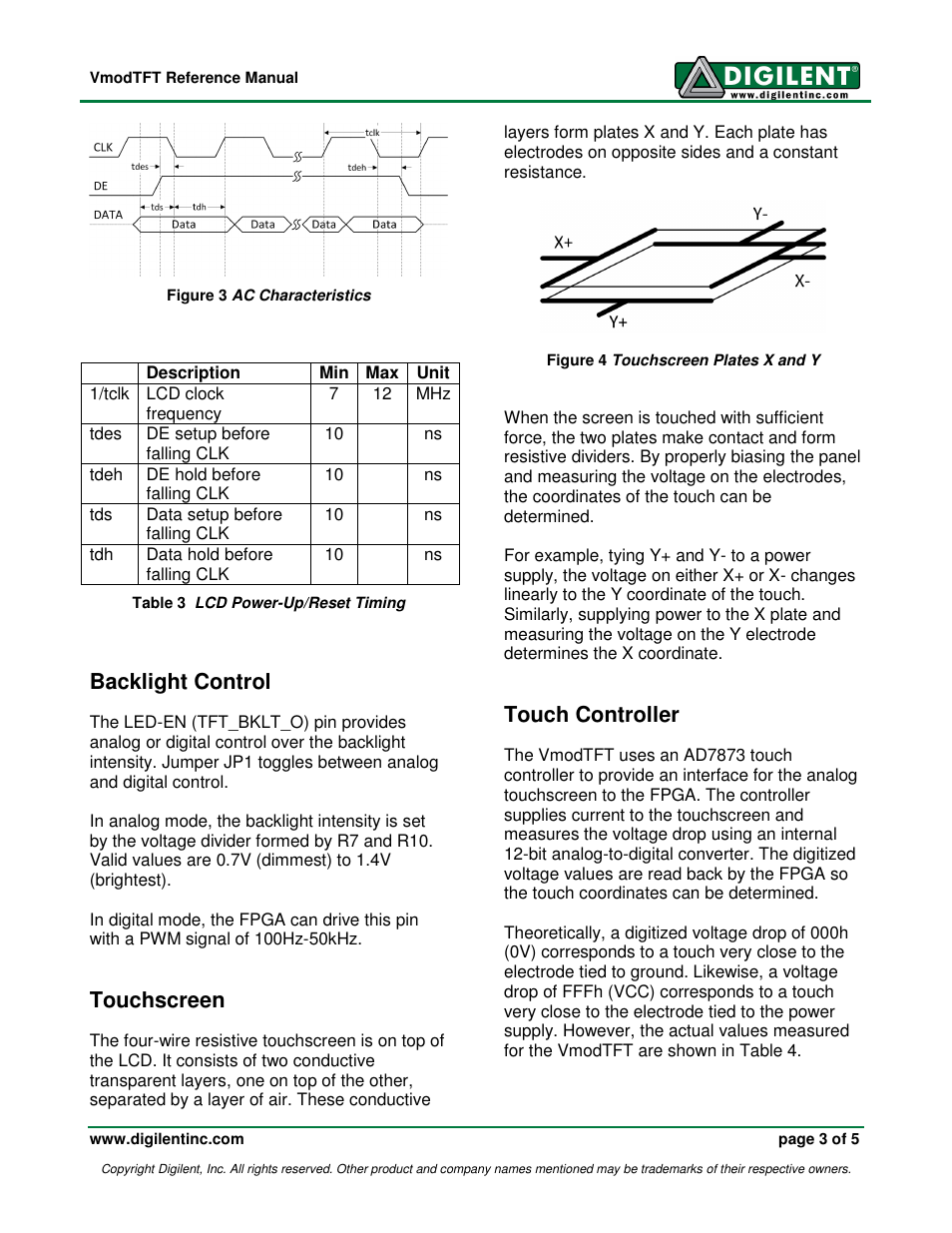 Backlight control, Touchscreen, Touch controller | Digilent 210-210P-BOARD User Manual | Page 3 / 5