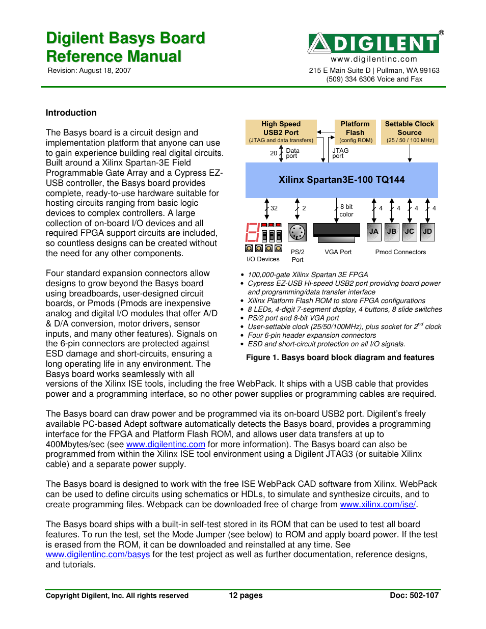 Digilent Basys Board Rev.E User Manual | 12 pages