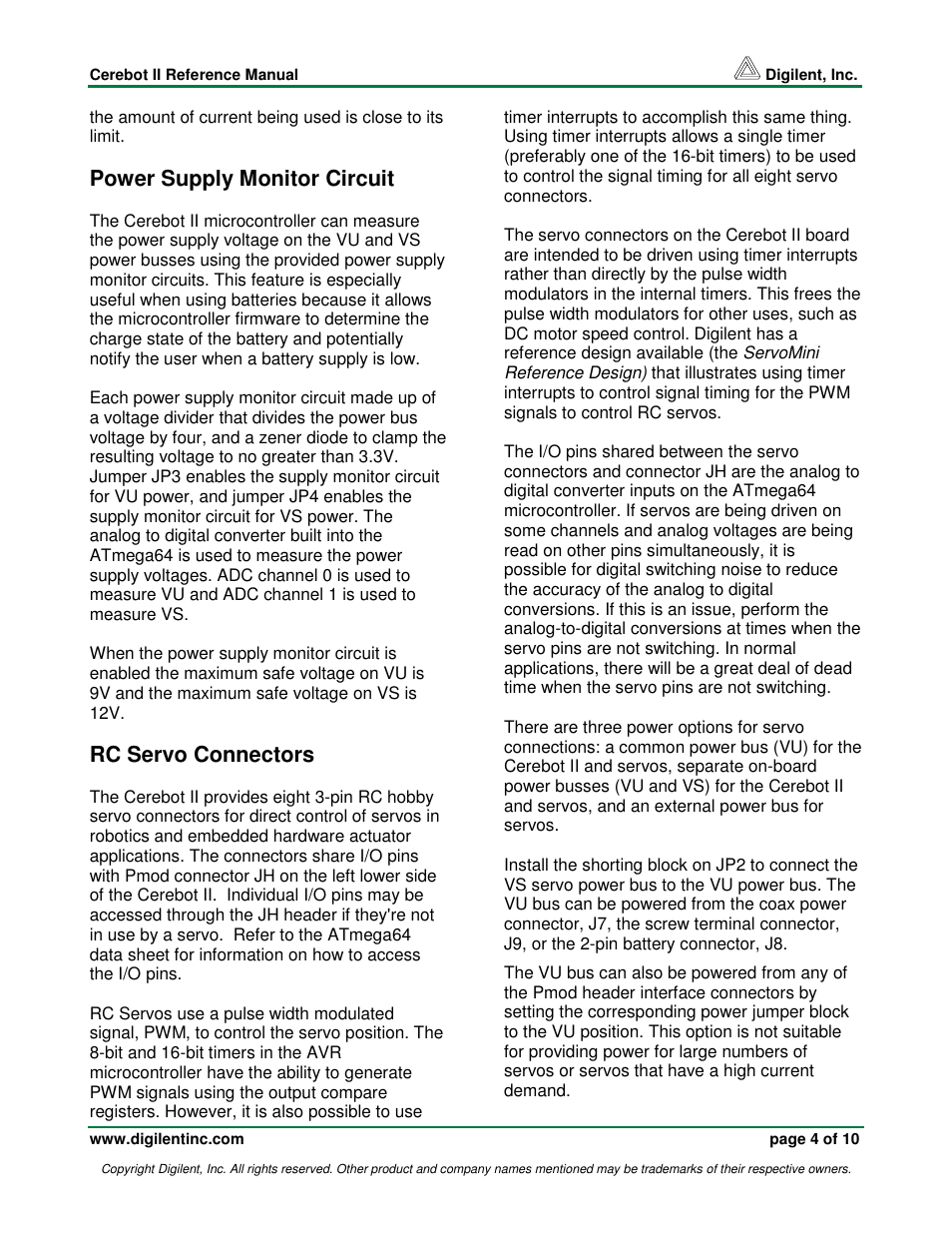 Power supply monitor circuit, Rc servo connectors | Digilent Cerebot II Board User Manual | Page 4 / 10