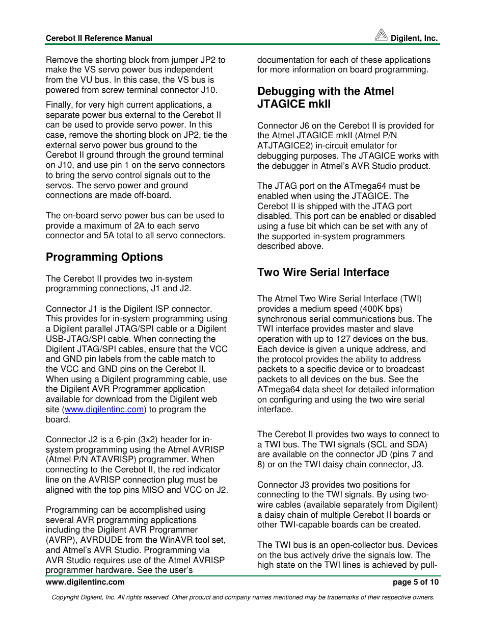 Programming options, Debugging with the atmel jtagice mkii, Two wire serial interface | Digilent Cerebot II Board User Manual | Page 5 / 10