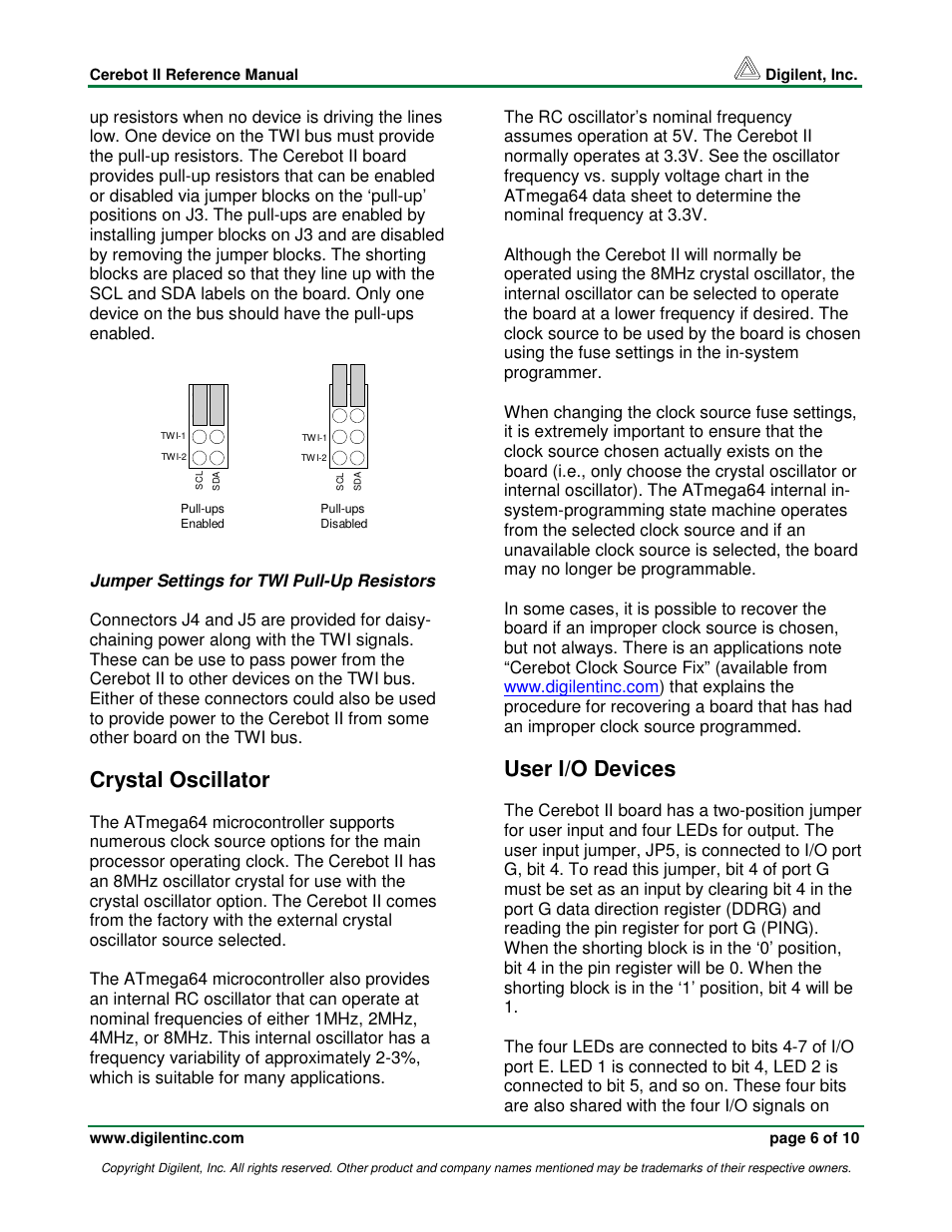 Crystal oscillator, User i/o devices | Digilent Cerebot II Board User Manual | Page 6 / 10