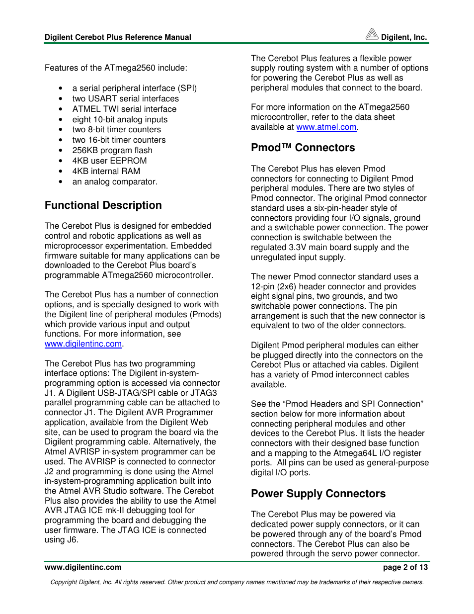 Functional description, Pmod™ connectors, Power supply connectors | Digilent Cerebot Plus Board User Manual | Page 2 / 13