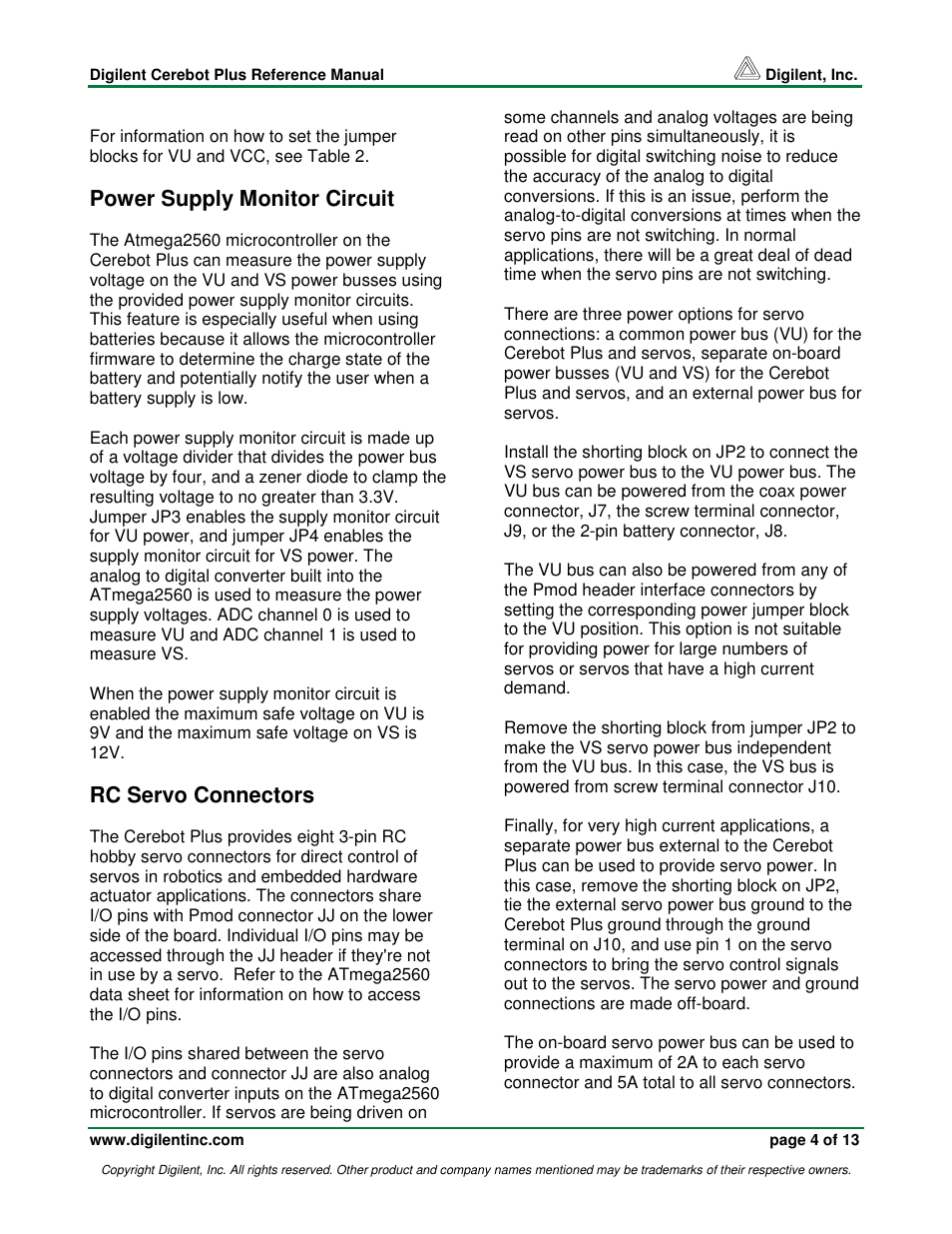 Power supply monitor circuit, Rc servo connectors | Digilent Cerebot Plus Board User Manual | Page 4 / 13