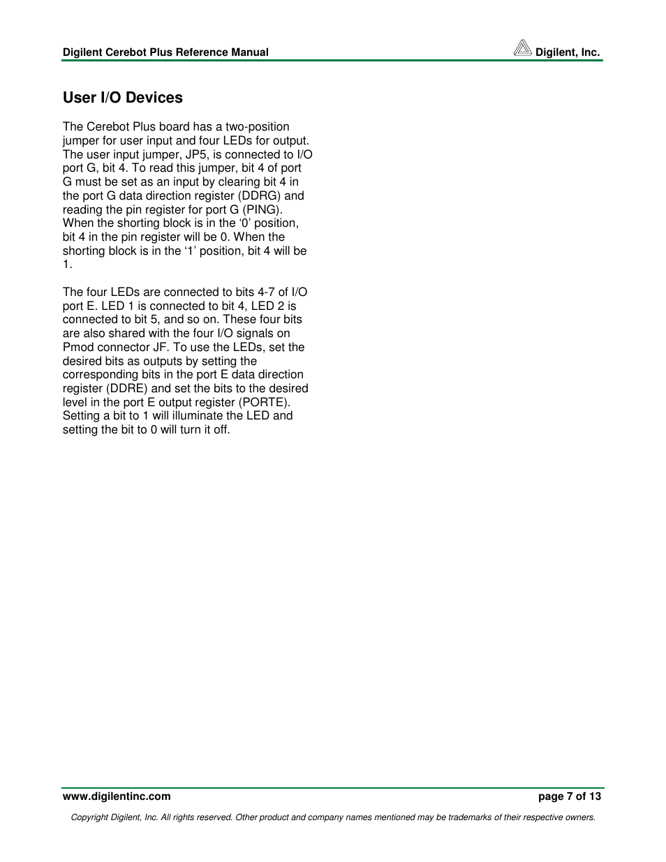 User i/o devices | Digilent Cerebot Plus Board User Manual | Page 7 / 13