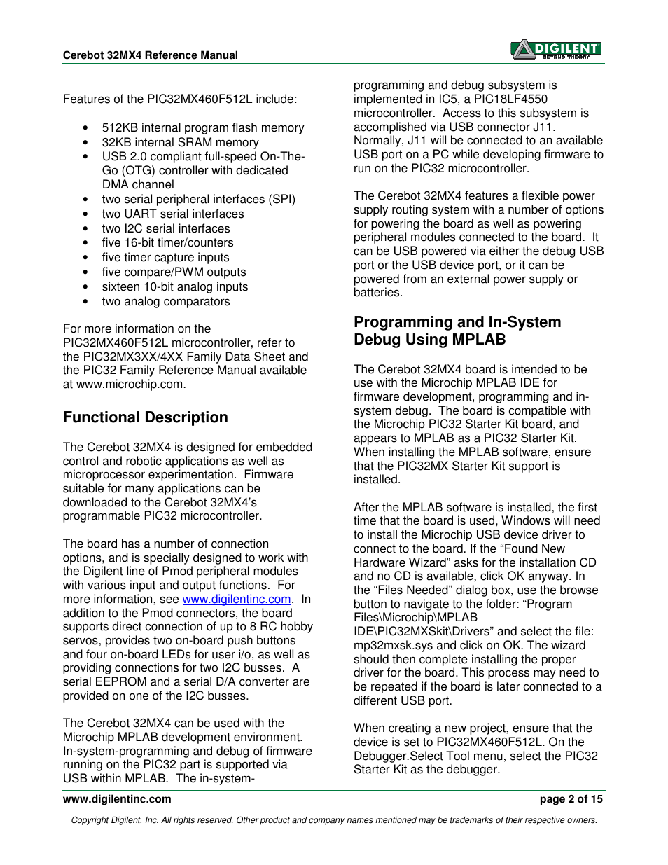 Functional description, Programming and in-system debug using mplab | Digilent 410-173-KIT User Manual | Page 2 / 15