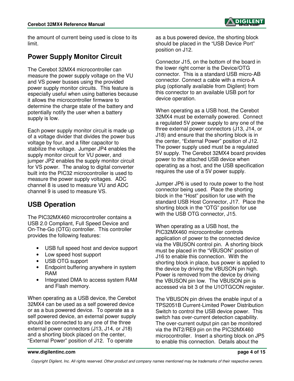 Power supply monitor circuit, Usb operation | Digilent 410-173-KIT User Manual | Page 4 / 15