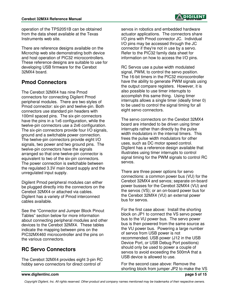 Pmod connectors, Rc servo connectors | Digilent 410-173-KIT User Manual | Page 5 / 15