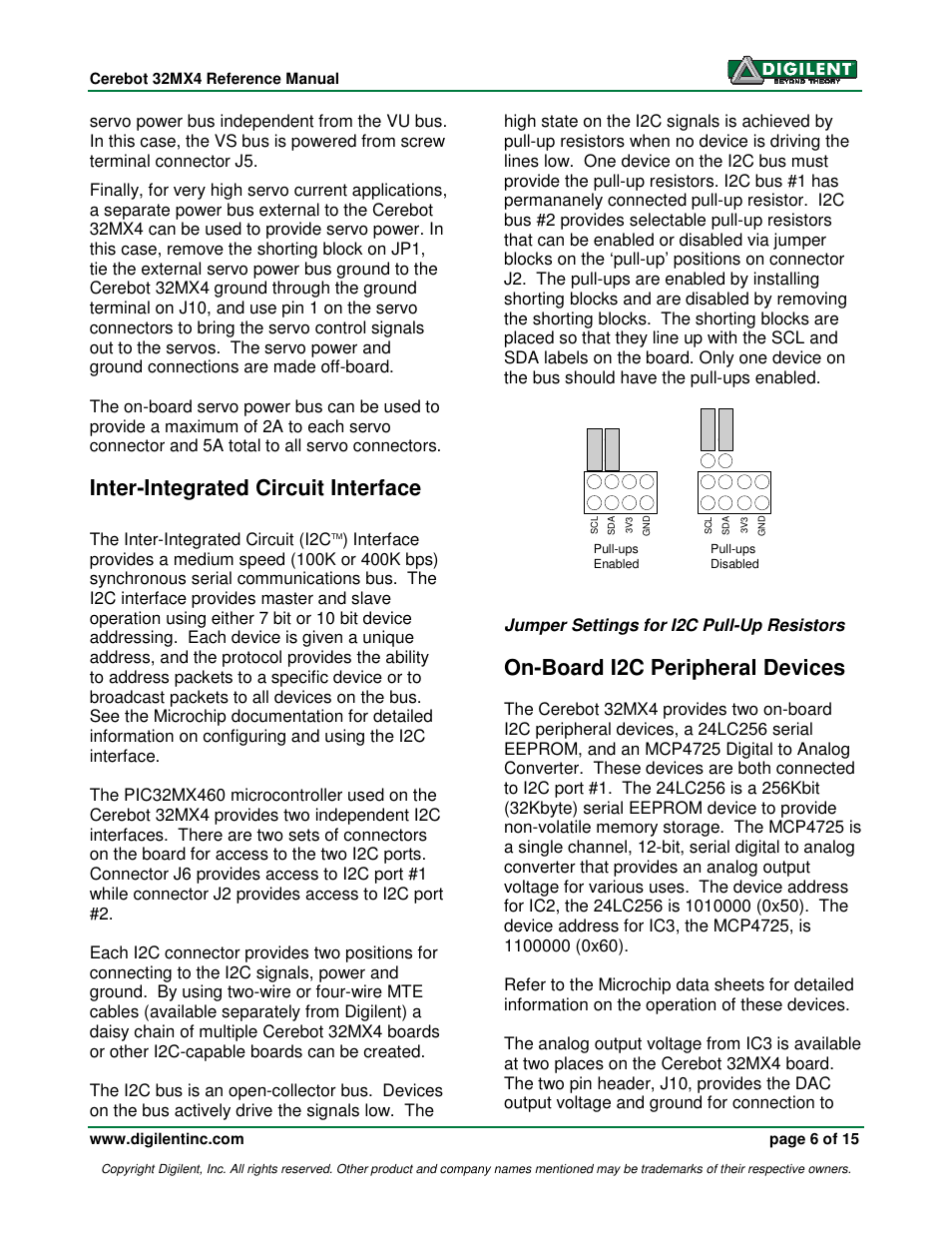 Inter-integrated circuit interface, On-board i2c peripheral devices, The inter-integrated circuit (i2c | Jumper settings for i2c pull-up resistors | Digilent 410-173-KIT User Manual | Page 6 / 15