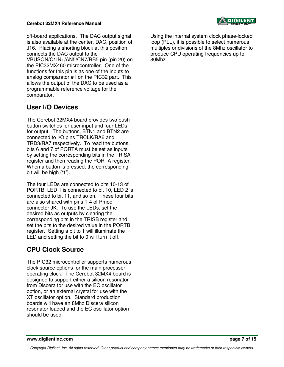 User i/o devices, Cpu clock source | Digilent 410-173-KIT User Manual | Page 7 / 15