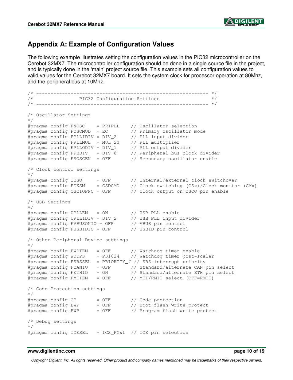 Appendix a: example of configuration values | Digilent 32MX7 User Manual | Page 10 / 19