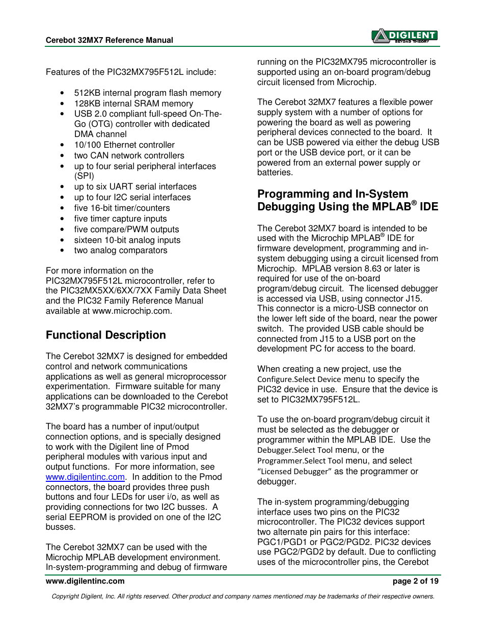 Functional description | Digilent 32MX7 User Manual | Page 2 / 19