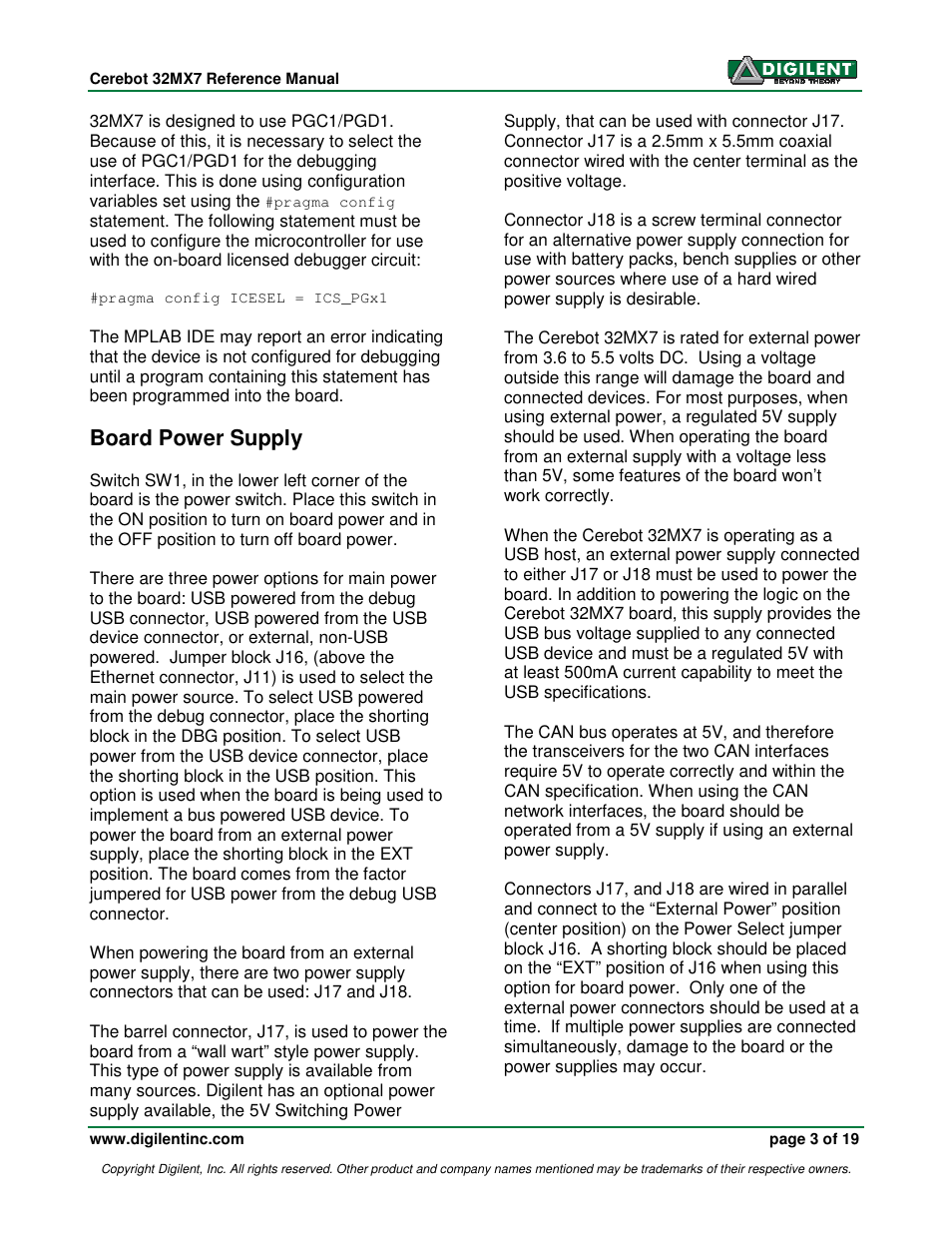 Board power supply | Digilent 32MX7 User Manual | Page 3 / 19