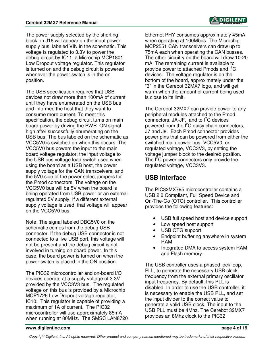 Usb interface | Digilent 32MX7 User Manual | Page 4 / 19