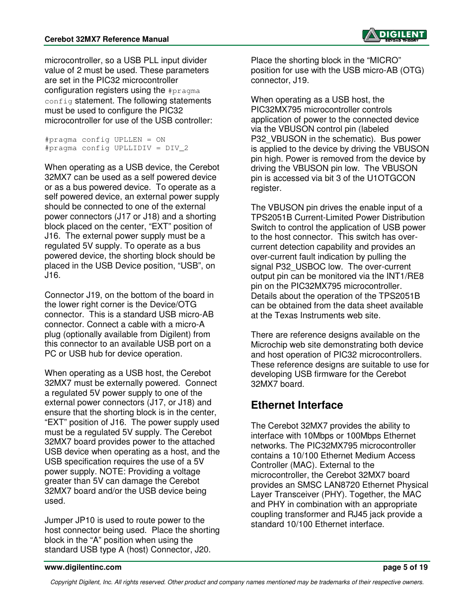 Ethernet interface | Digilent 32MX7 User Manual | Page 5 / 19