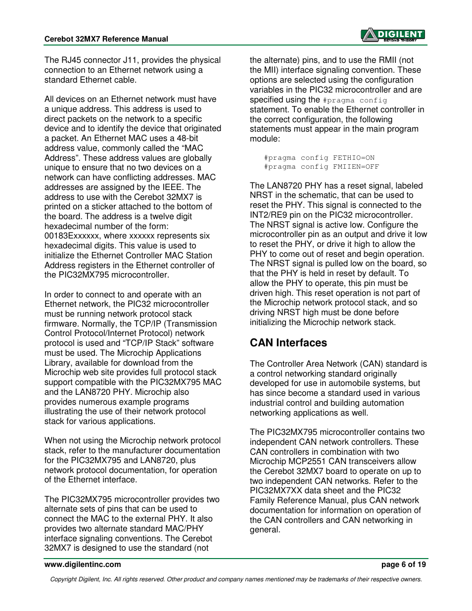 Can interfaces | Digilent 32MX7 User Manual | Page 6 / 19