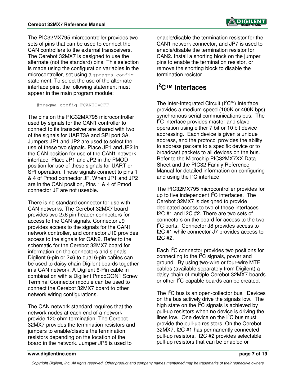 C™ interfaces | Digilent 32MX7 User Manual | Page 7 / 19