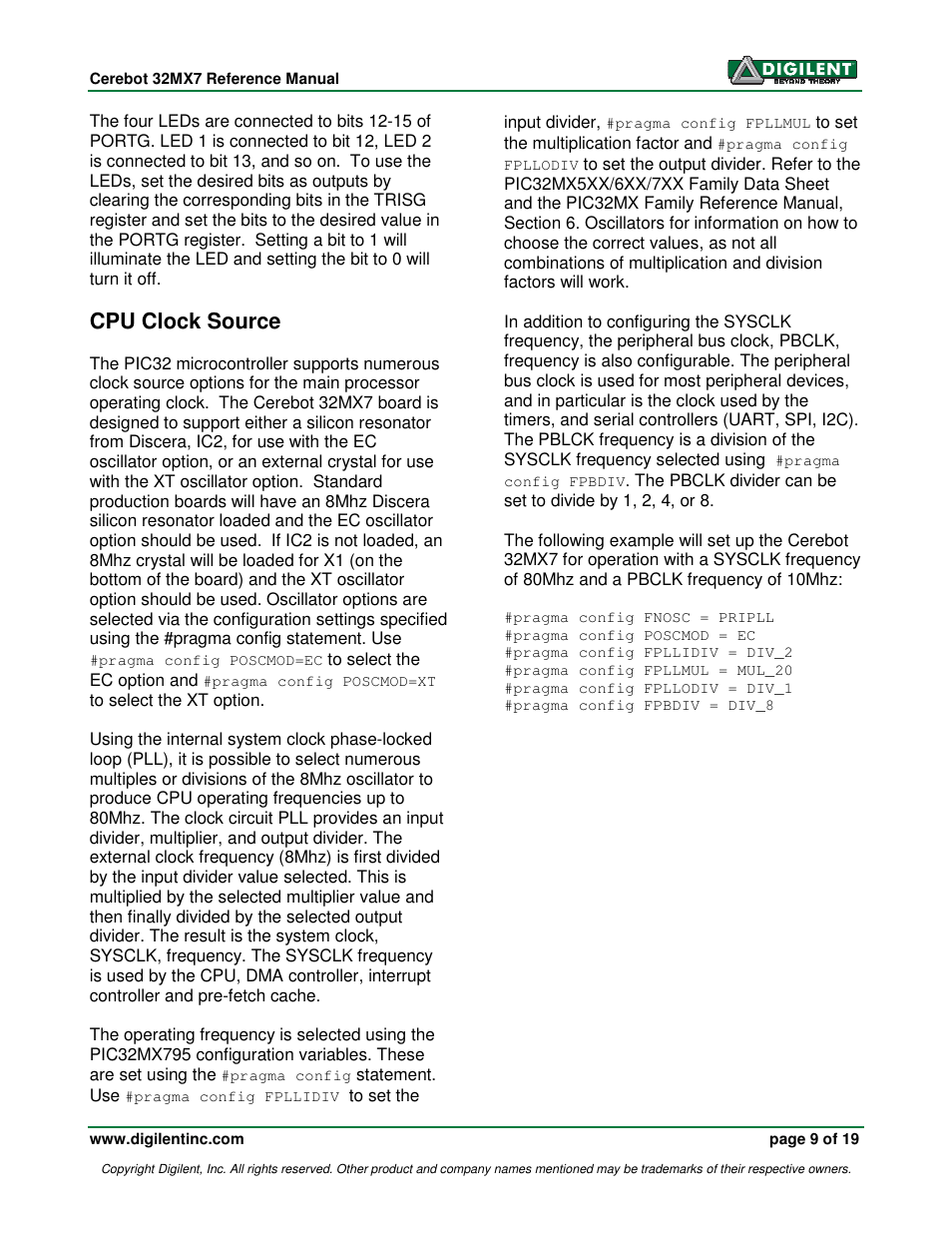 Cpu clock source | Digilent 32MX7 User Manual | Page 9 / 19