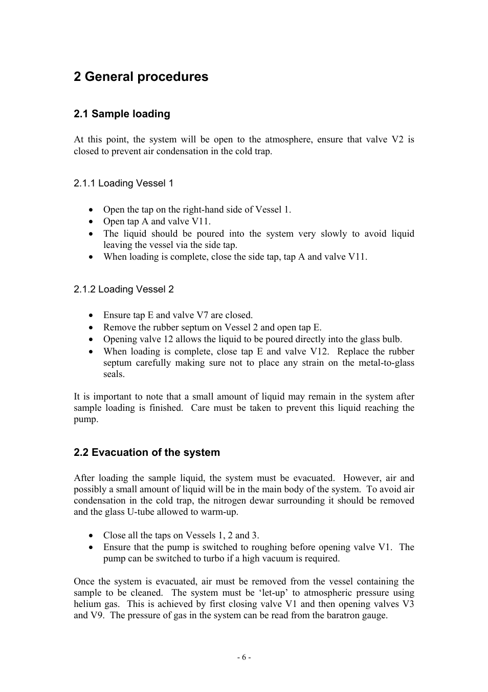 2 general procedures, 1 sample loading, 1 loading vessel 1 | 2 loading vessel 2, 2 evacuation of the system | Boca Research Muon Liquid Handling System None User Manual | Page 6 / 14