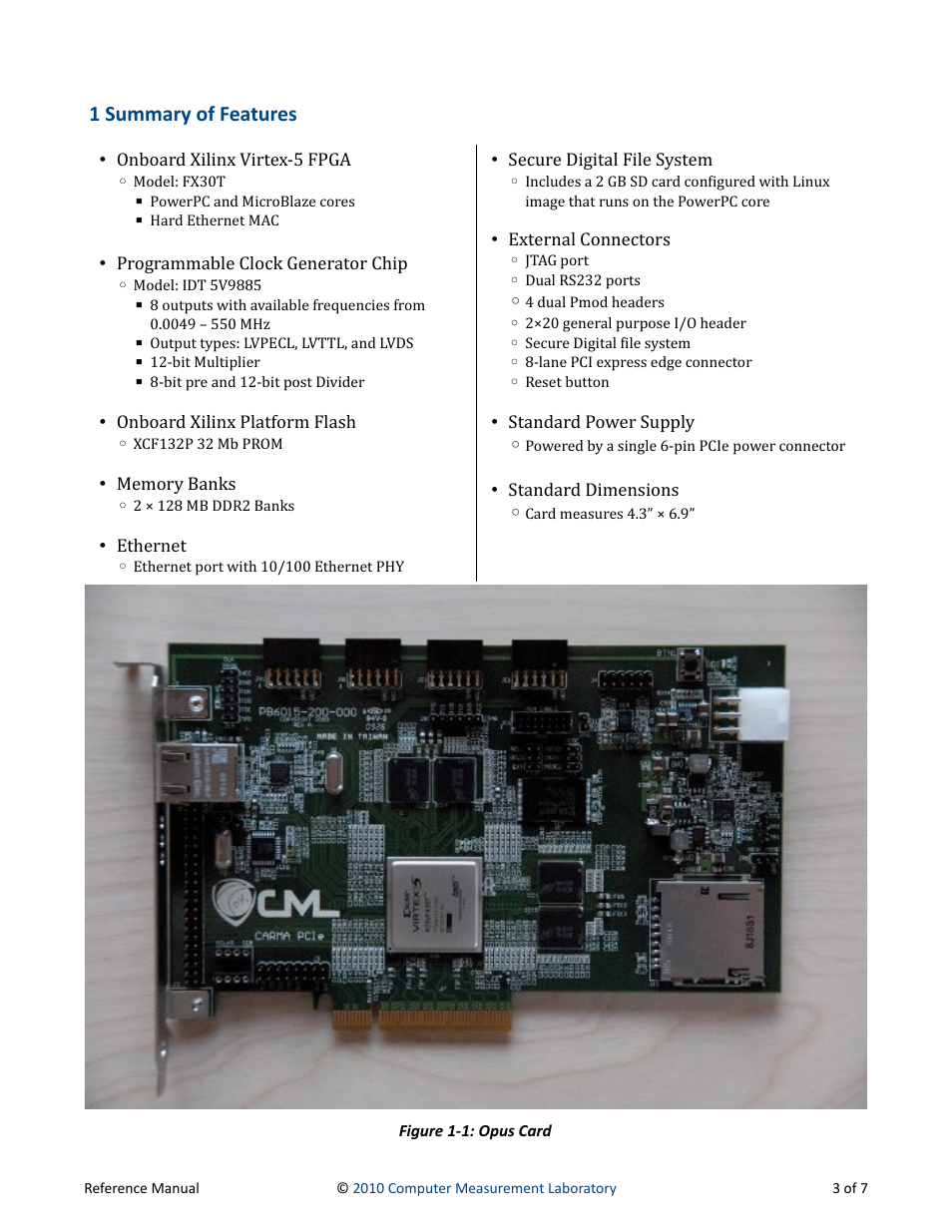 1 summary of features, Figure 1-1: opus card | Digilent 6005-210-000 User Manual | Page 3 / 7