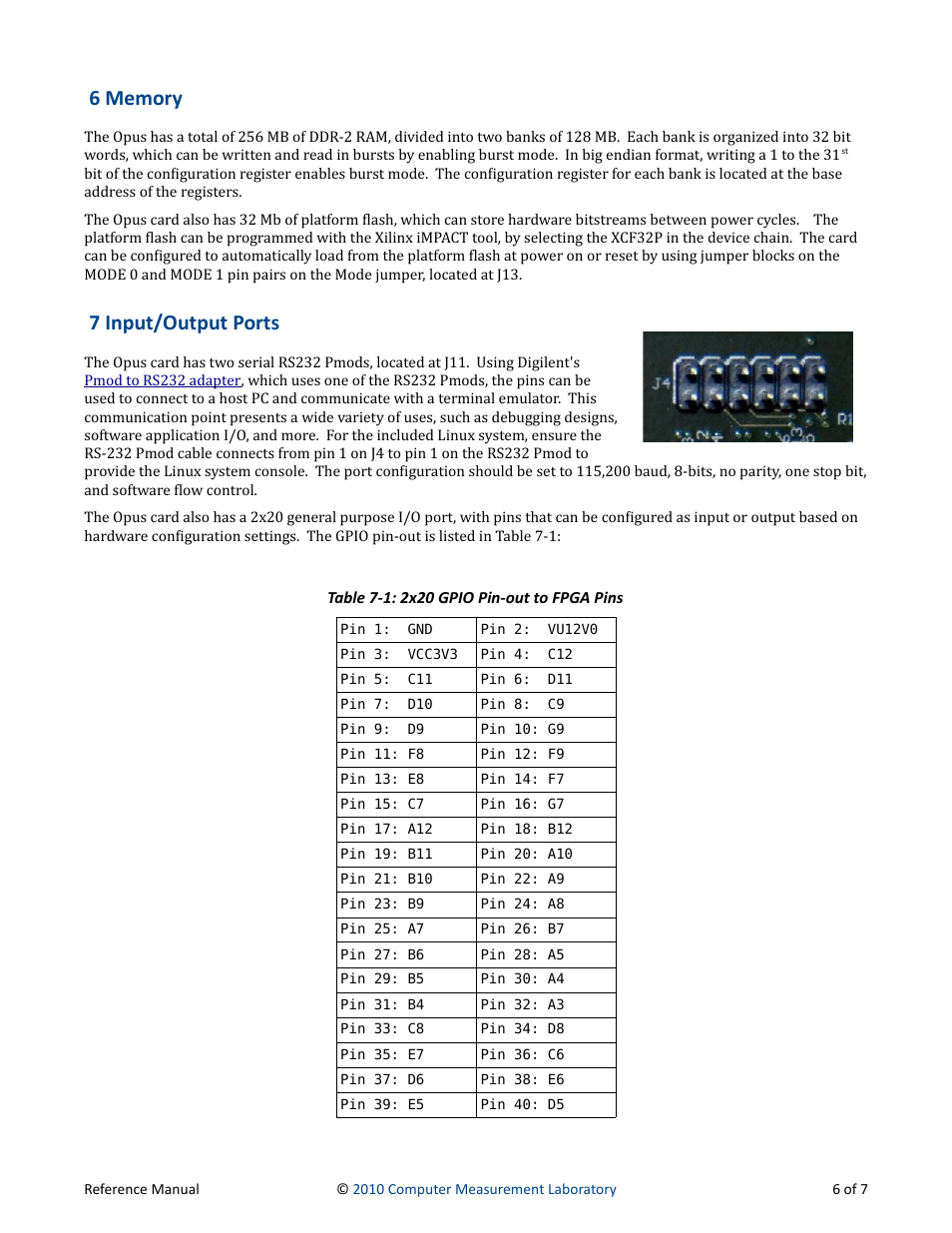 6 memory, 7 input/output ports, Table 7-1: 2x20 gpio pin-out to fpga pins | Digilent 6005-210-000 User Manual | Page 6 / 7
